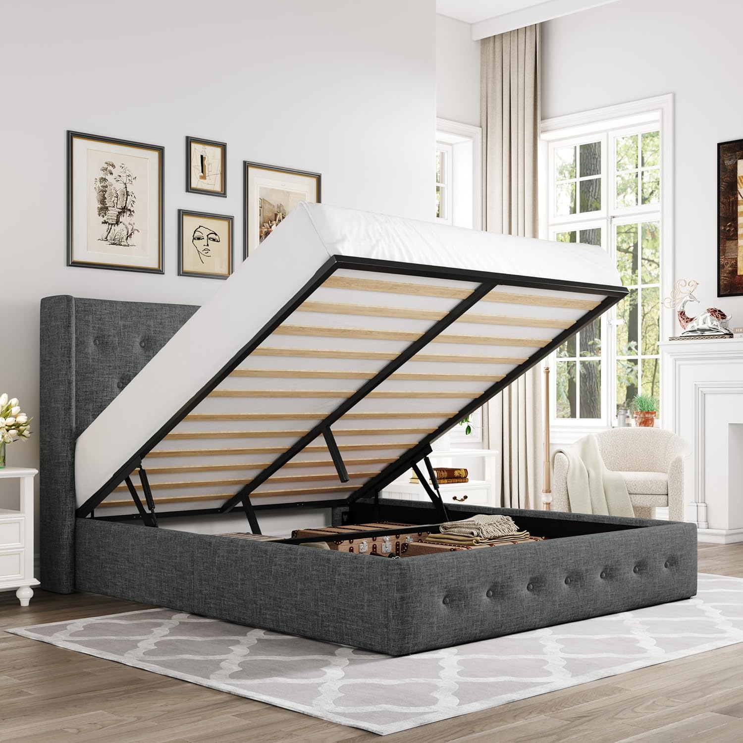 Queen Size Lift Up Storage Bed with Wingback Headboard, Upholstered Platform Bed Frame with Hidden Storage - Image 21