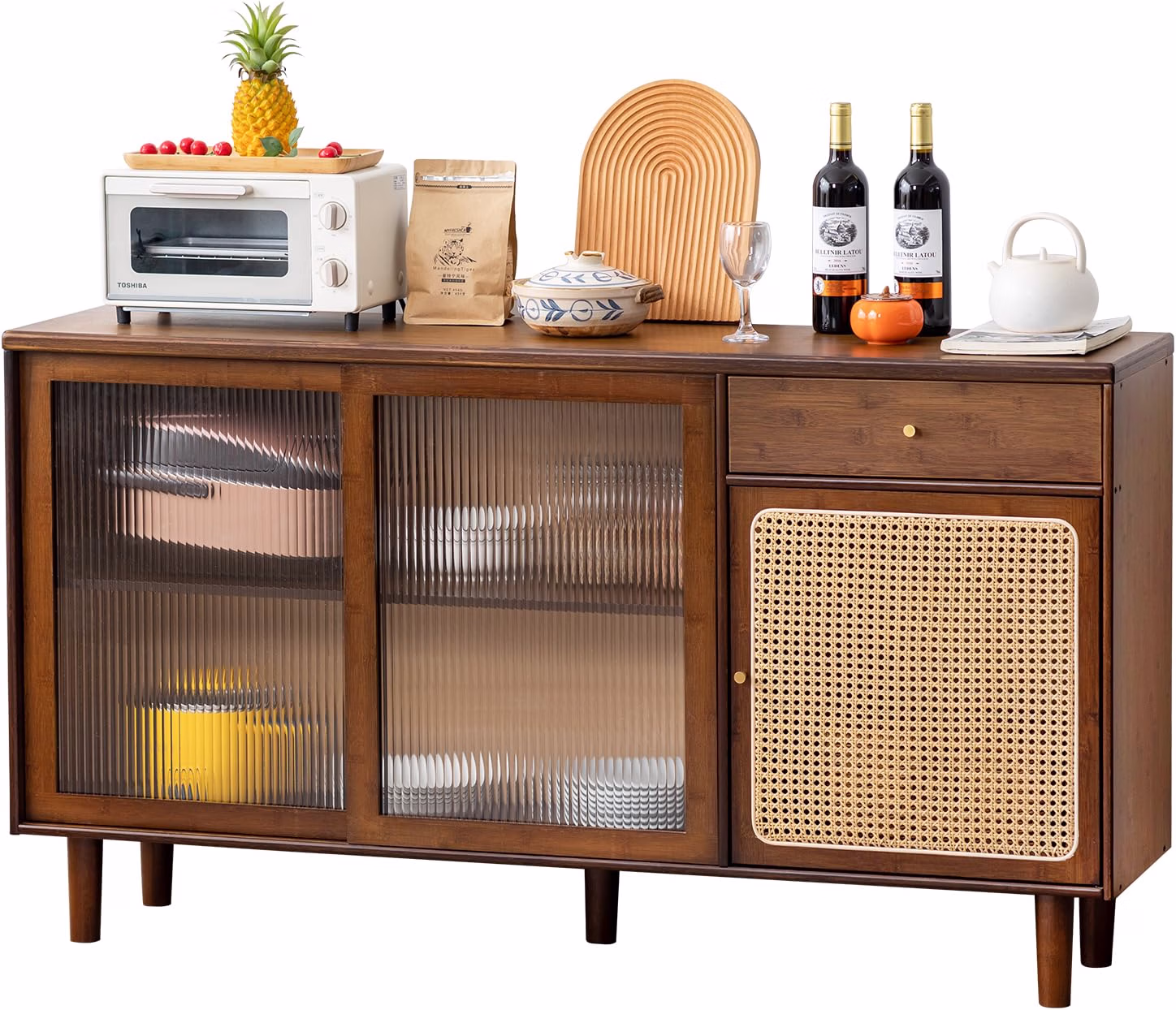 Bamboo Sideboard Buffet Cabinet, Rattan Kitchen Storage Cabinet, Boho Coffee Bar Tables for Kitchen Living Room Hallway Office, Walnut - Image 2