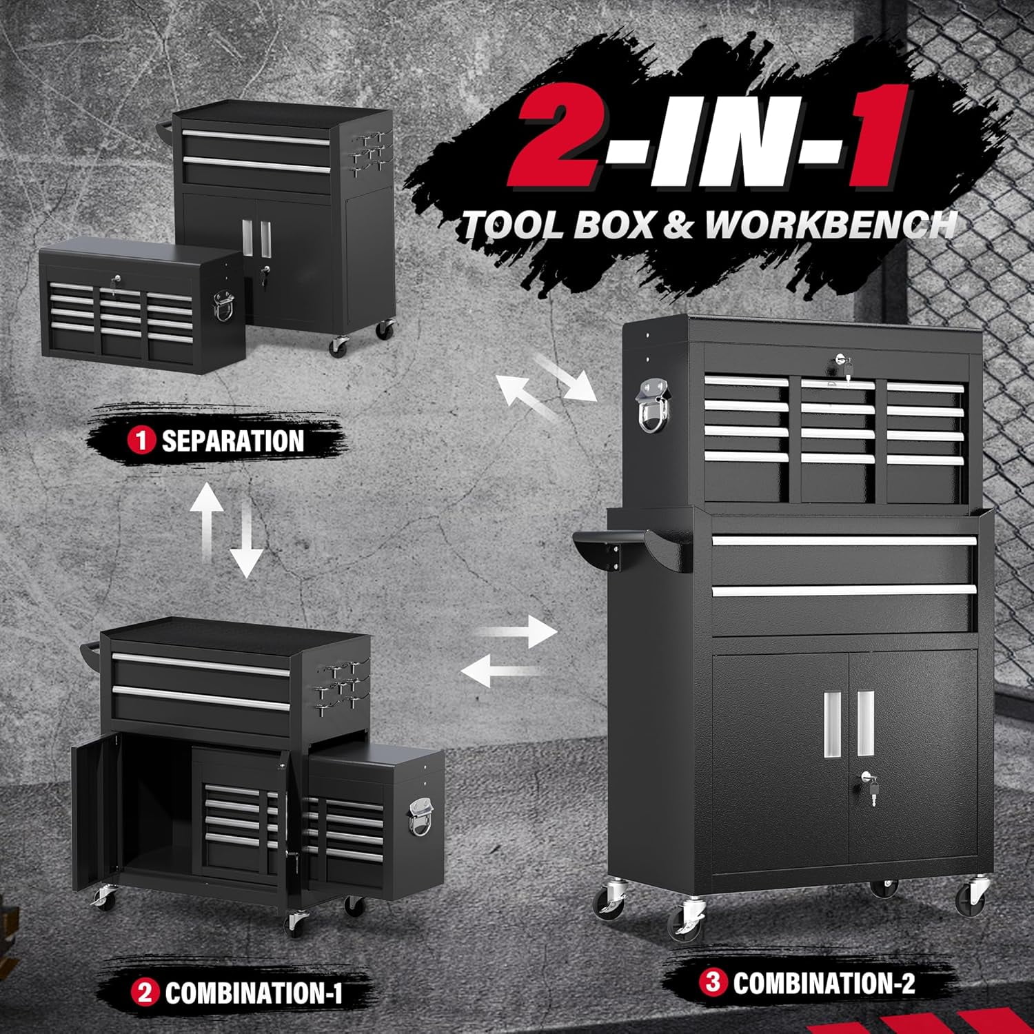 SUNCROWN 2-IN-1 Tool Chest, 8-Drawer Rolling Tool Chest with Hooks and Lockable Wheels,Metal Storage Detachable Top Tool Box with Lockable Wheels for Garage, Workshop, Art Studio(Black) - Image 4