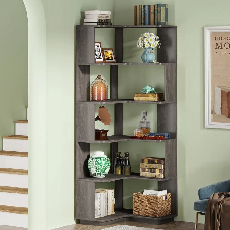64.9 Inch Tall 6-Tier Corner Bookshelf, Freestanding Wood Industrial Bookcase - Image 10