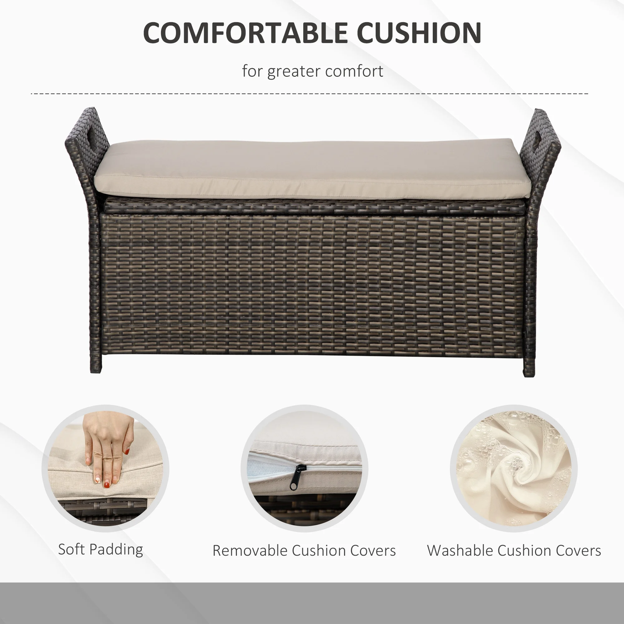 DUOSONG Outsunny 27 Gallon Patio Wicker Storage Bench, Outdoor Pe Rattan Patio Furniture, 2-In-1 Large Capacity Rectangle Garden Storage Box With Handles And Cushion, Cream White Brown+White Steel - Image 6
