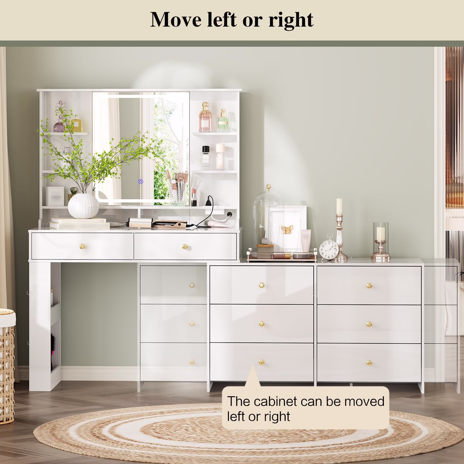 Makeup Vanity Desk with Mirror and Lights, Vanity Desk with 8 Drawers & Storage Shelves, Vanity Table with Power Outlet, 3 Color Modes & Adjustable Brightness Dressing Table, Bedroom, White - Image 8