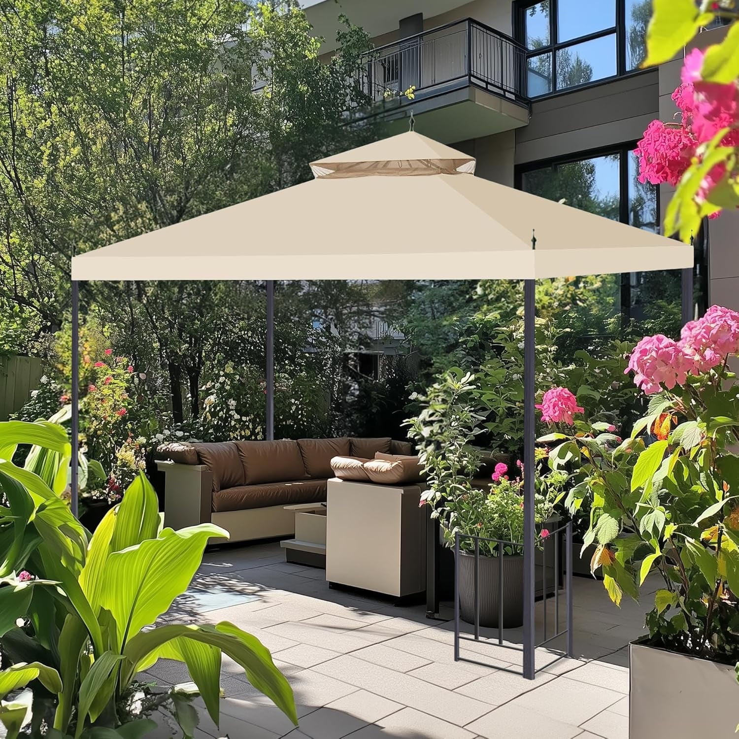 10x10Ft Canopy Top Replacement PU Water Resistance Arrow Gazebo Dual Tier Outdoor Patio Canopy Cover Party Backyard Garden Beige - Image 7