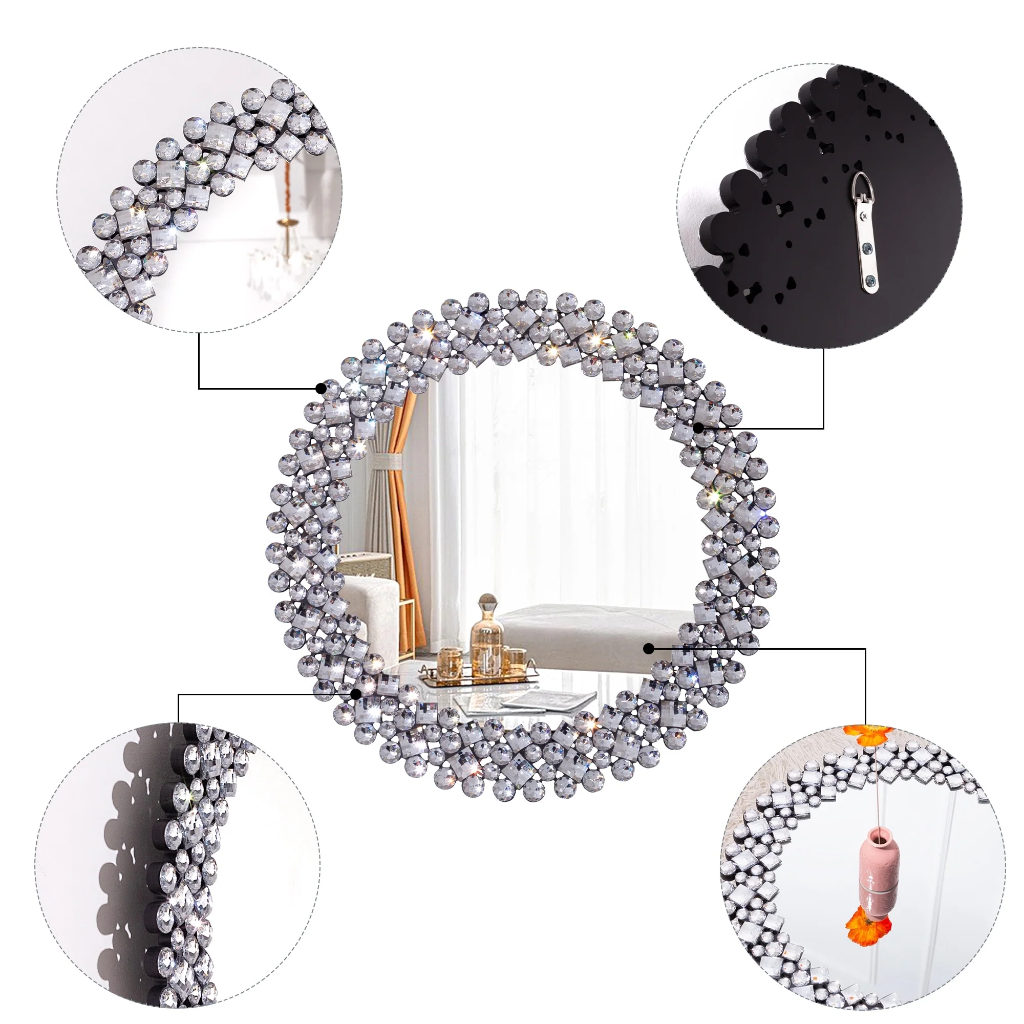 Modern Round Wall Mirror, Crystal Accent Decorative Mirror for Living Room, Bedroom and Entryway - Image 5