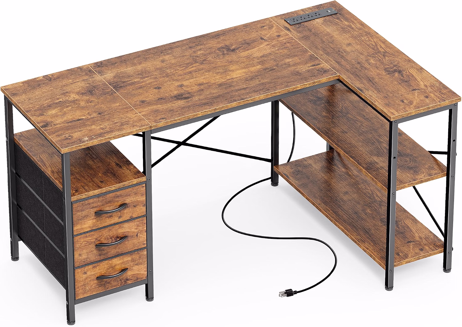 L Shaped Office Desk with Power Outlets & 3 Drawers - Image 8