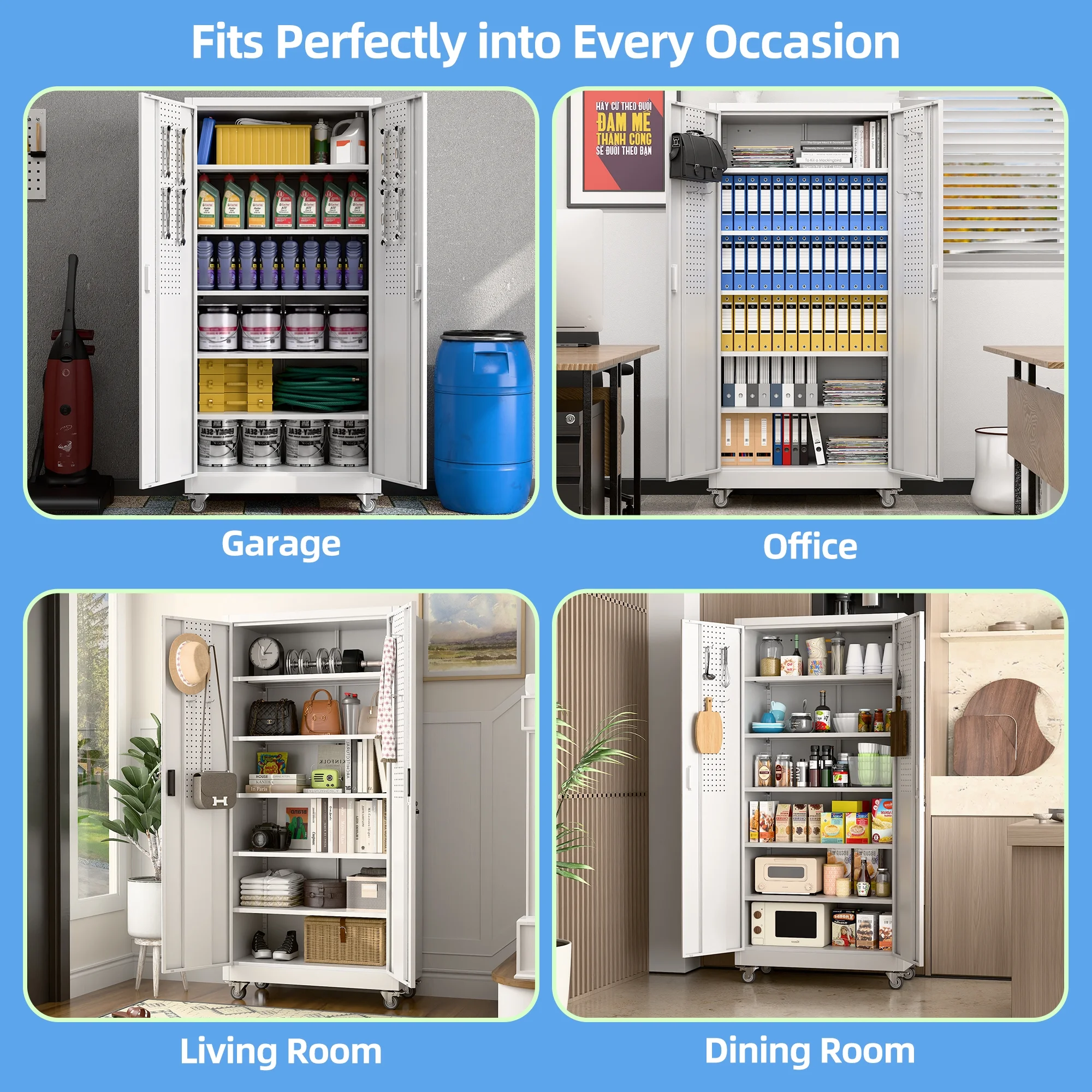 Gaeanet Rolling Tool Storage Cabinet with 5 Adjustable Shelves and Pegboard,Metal Garage Storage Cabinet with Wheels for Garage Home Office Utility Room,71" H-32" W-16" D,Required Assembly, Black - Image 94
