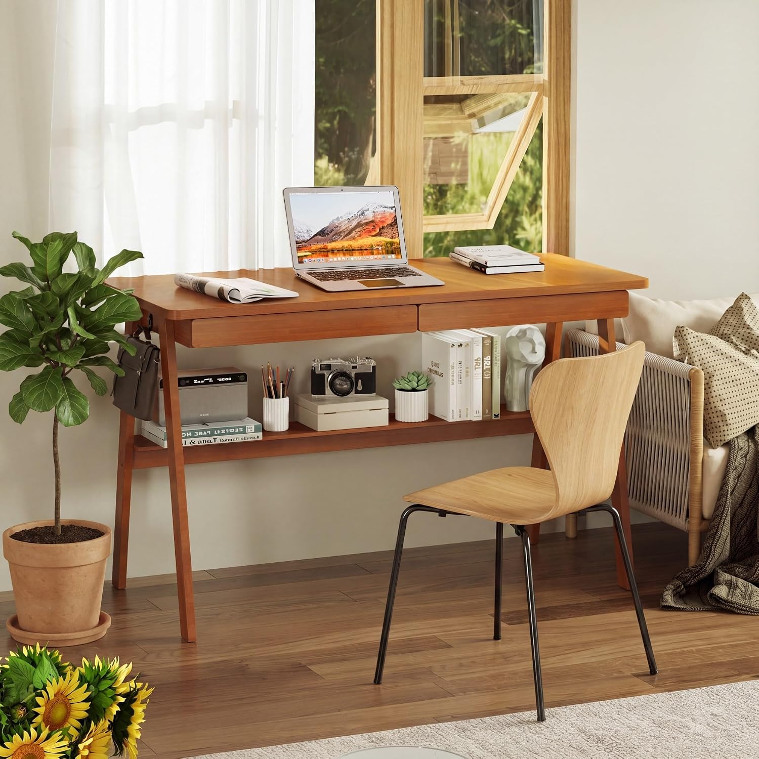 Solid Wood Desk with Drawers - 31.5" Narrow Desks for Small Spaces, Mid Century Modern Desks, Small Wooden Vintage Computer Writing Desk, Study Table for Home Office Bedroom, Walnut - Image 4