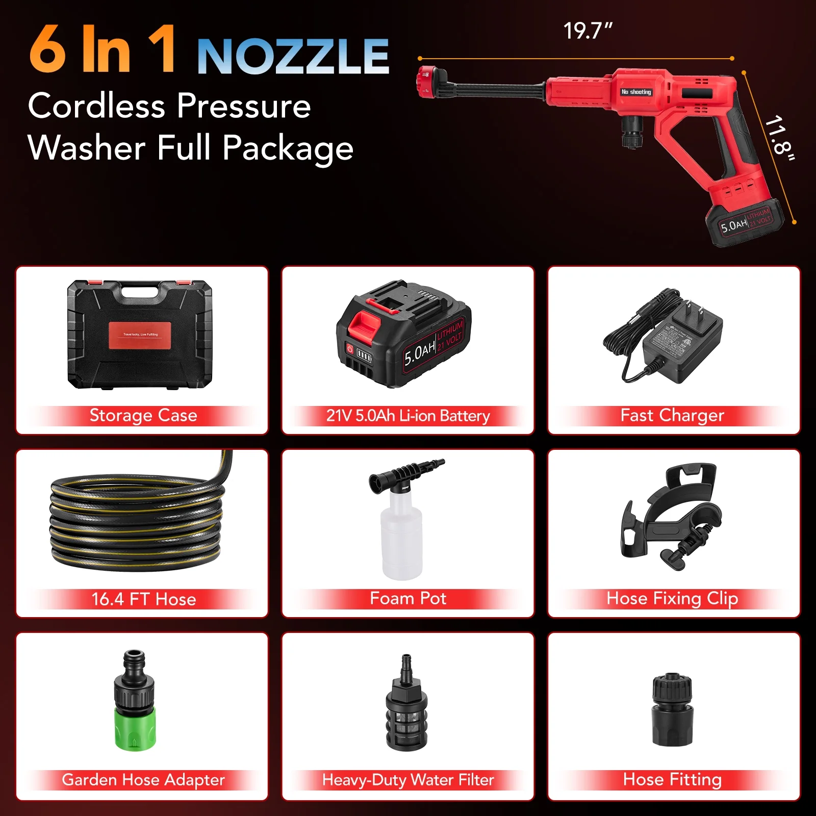 Filluck 1060PSI Cordless Pressure Washer, Portable Handheld High-Pressure Car Washer with 5.0Ah Long-Lasting Battery, 3-Speed Adjustable, 2.8GPM, 6-in-1 Nozzle for Car Cleaning/Garden/Floor - Image 10