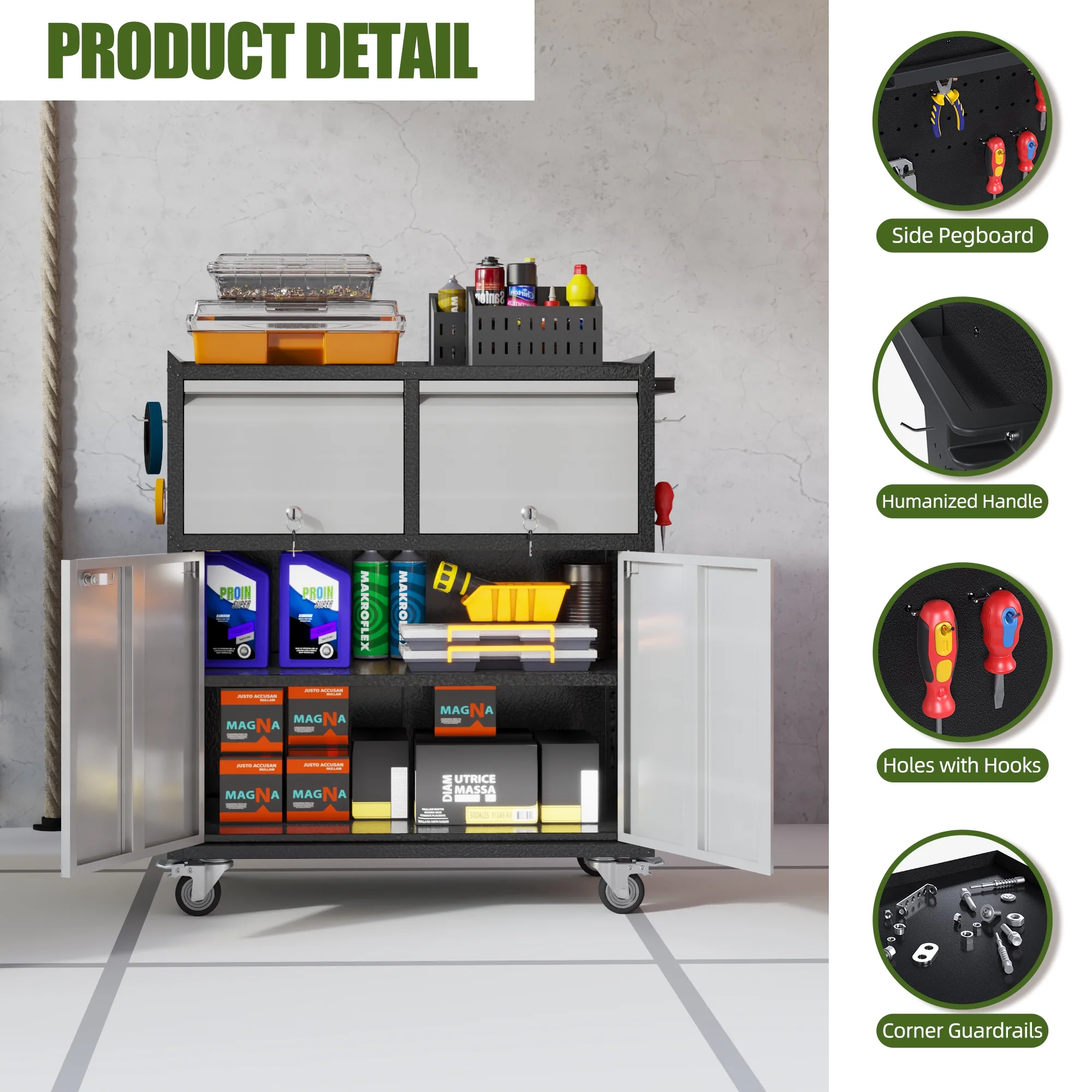 Gaeanet Rolling Tool Storage Cabinet with 5 Adjustable Shelves and Pegboard,Metal Garage Storage Cabinet with Wheels for Garage Home Office Utility Room,71" H-32" W-16" D,Required Assembly, Black - Image 88