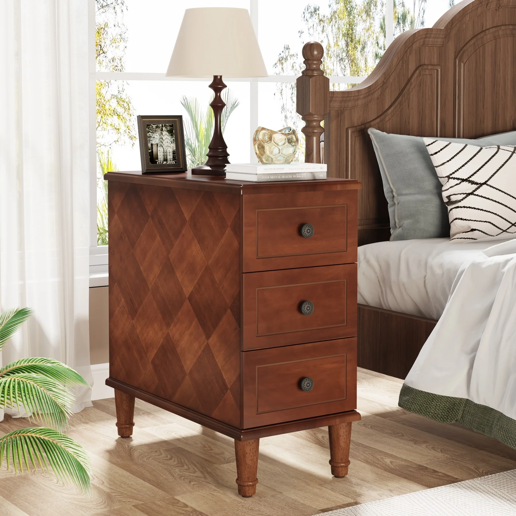Fully Assembled Narrow End Table, Solid Wood Side Table with 3 Drawers, Vintage Nightstand for Small Spaces - Image 14