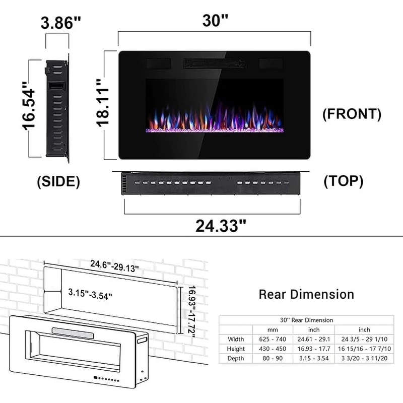 Recessed Electric Fireplace Heater, Wall Mounted 750-1500W Fireplace with Remote Control - Image 2