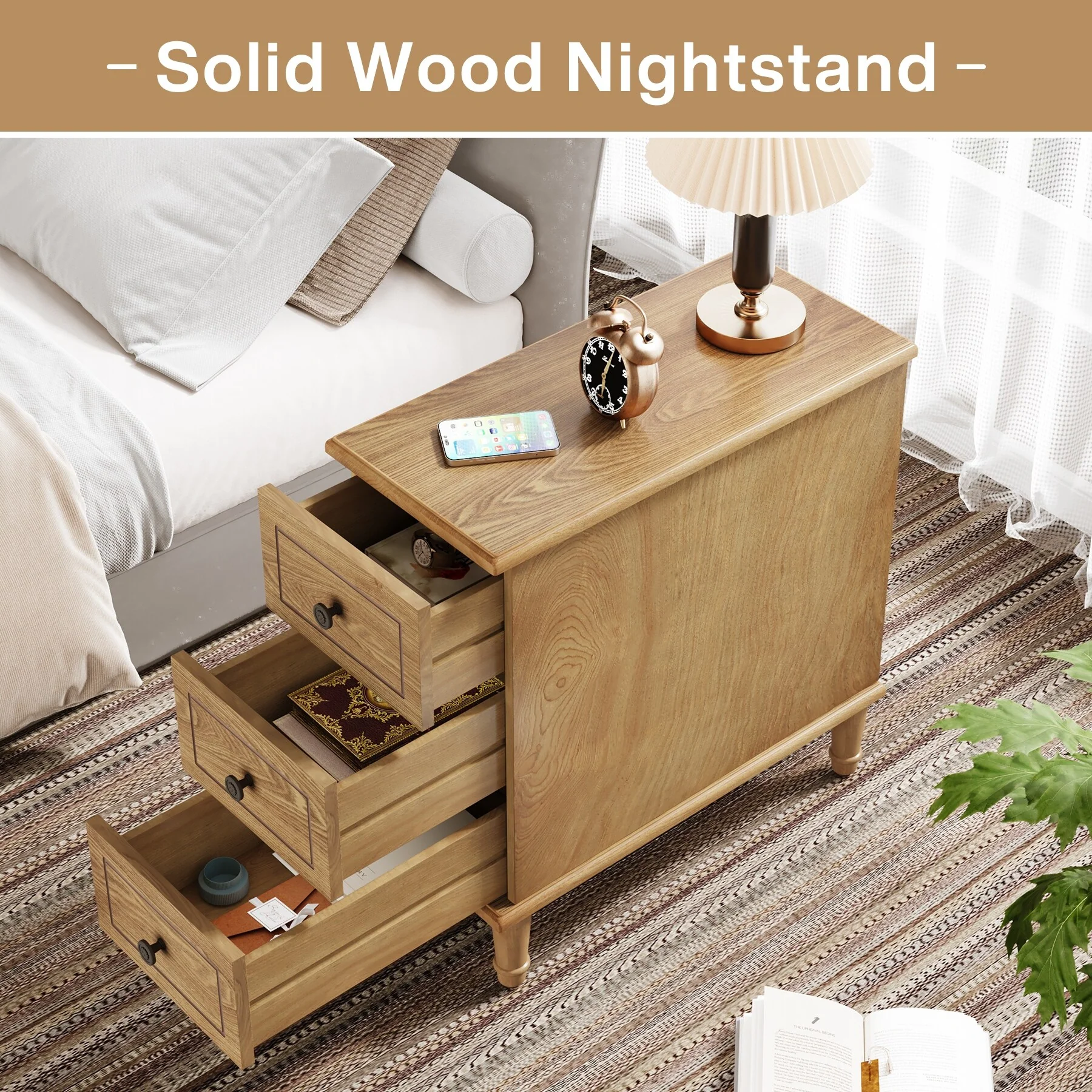 Fully Assembled Narrow End Table, Solid Wood Side Table with 3 Drawers, Vintage Nightstand for Small Spaces - Image 6