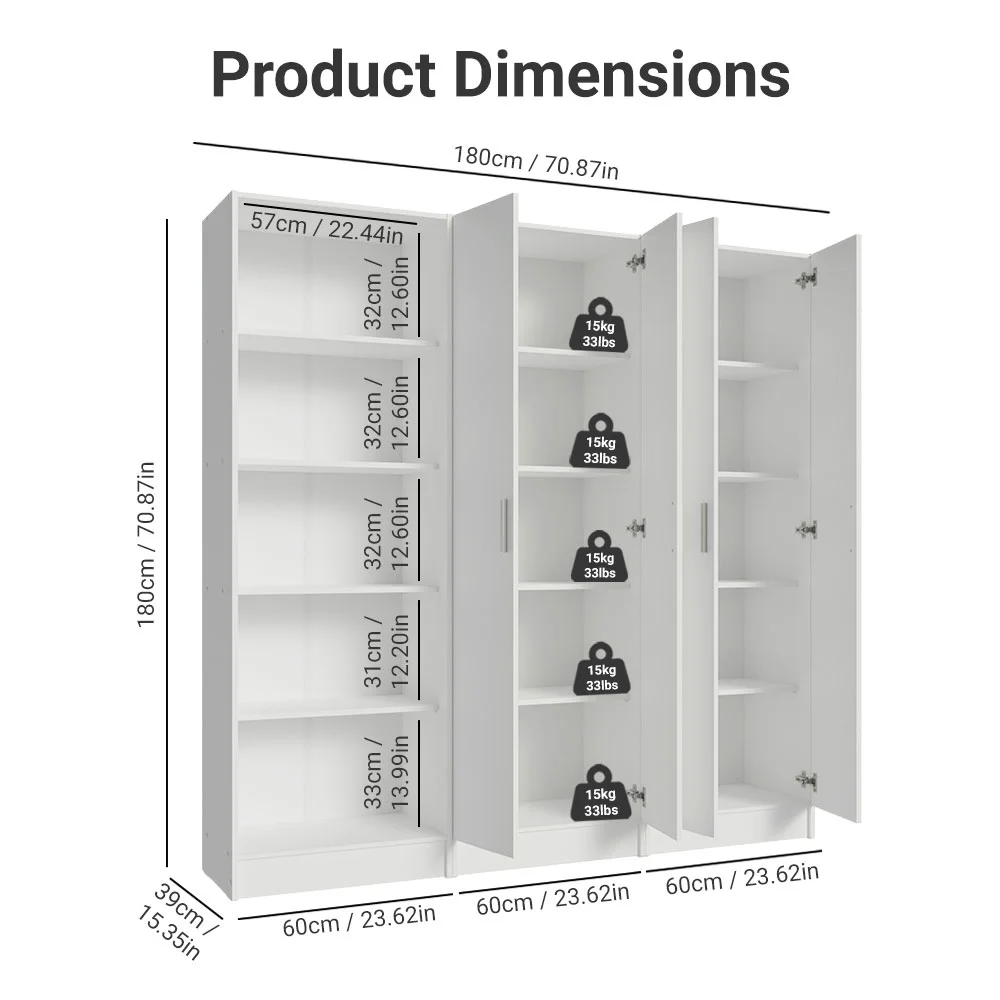 Madesa Garage Set 3 Pantry Storage Cabinet with 15 Utility Shelves 71"L Wooden Organization Unit for Garage - White - Image 4
