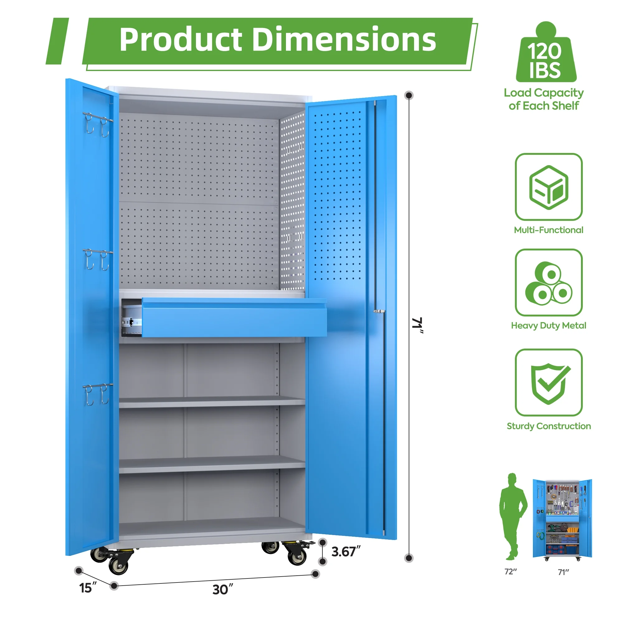 SUPEER 71" Metal Storage Cabinets with Wheels and Pegboards, Industrial Cabinet with 2 Drawers and 2 Adjustable Shelves,, Assembly Required - Image 116