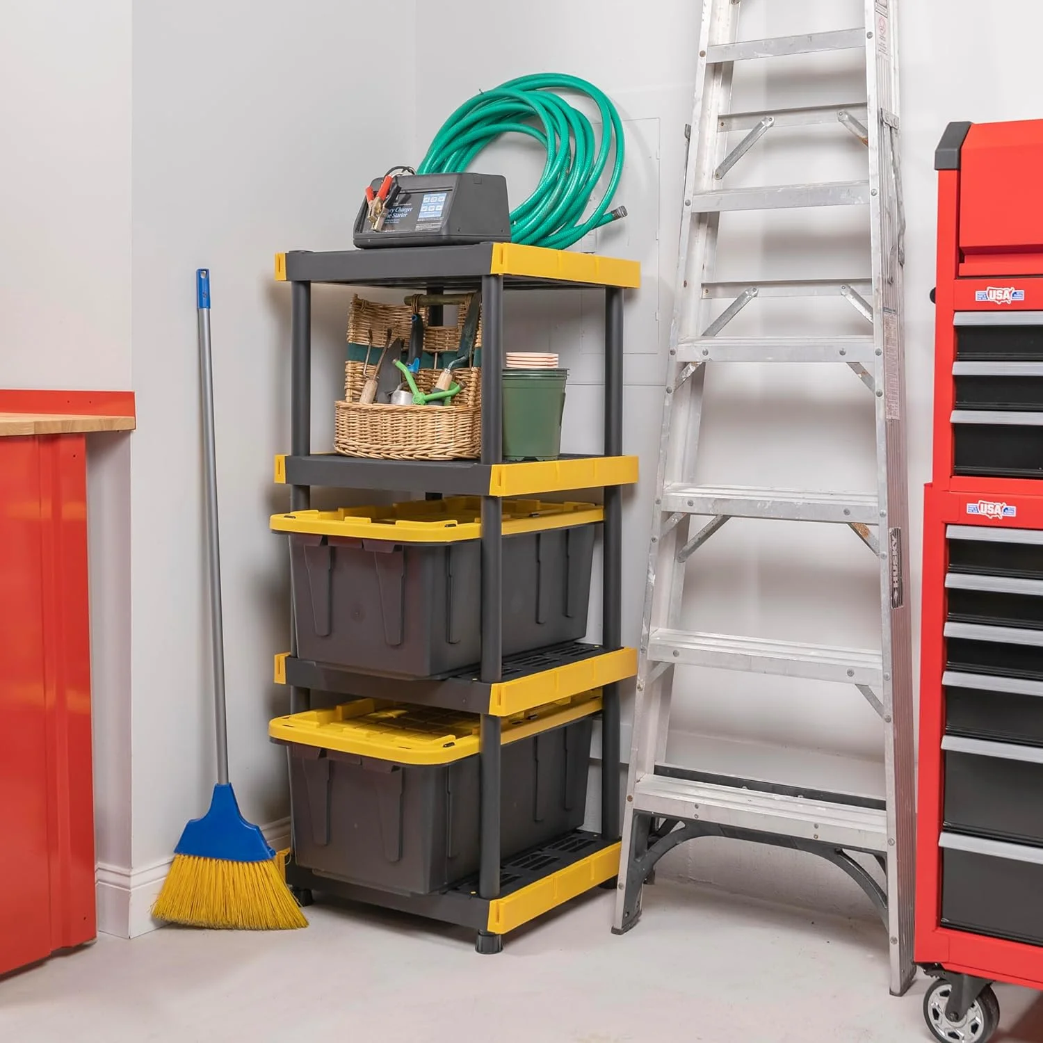 BLACK & YELLOW 4-Tier Heavy Duty Plastic Storage Shelving Unit, 100lbs/shelf (55"H x 24"W x 20"D), for Indoor/Outdoor Organization, Modular Rack, Extremely Durable, Made in The USA - Image 2