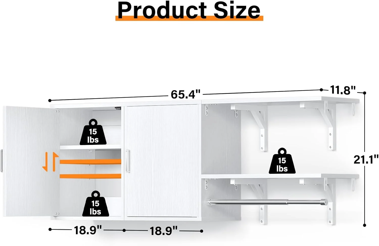 Homieasy Wall Mounted Cabinet with Hanging Rod, 65'' Wide Laundry Cabinet with 2 Shelves and Doors, Reversible, Small Storage Cabinet for Laundry, Bedroom, 300+ LBS Weight Capacity, White - Image 4