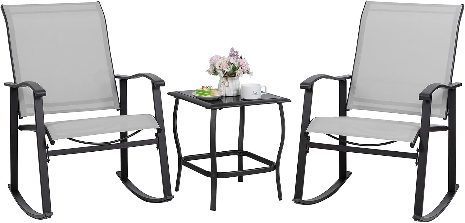 3 Piece Rocking Bistro Set, Outdoor Furniture with Rocker Chairs and Glass Coffee Table Set of 3, Balcony, Porch Furniture for Small Space, Blue - Image 6