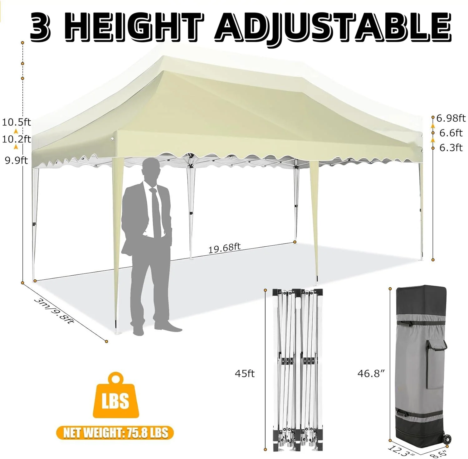 HOTEEL Canopy 10'x20' Pop Up Canopy Tent Heavy Duty Waterproof Adjustable Commercial Instant Canopy Outdoor Party Canopy Parties,Wedding,Outside Patio,Event,Backyard,White - Image 33