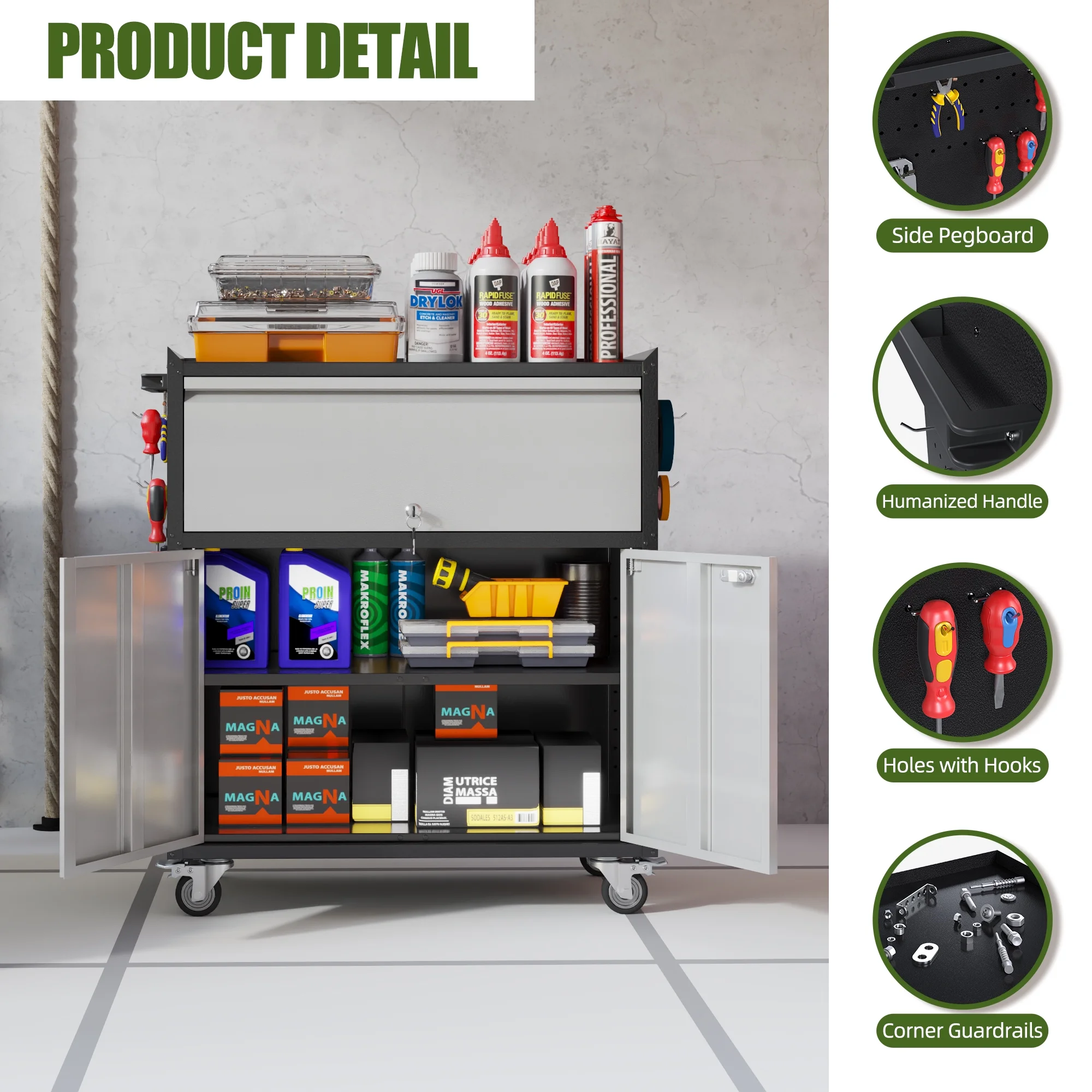 Gaeanet Rolling Tool Storage Cabinet with 5 Adjustable Shelves and Pegboard,Metal Garage Storage Cabinet with Wheels for Garage Home Office Utility Room,71" H-32" W-16" D,Required Assembly, Black - Image 79