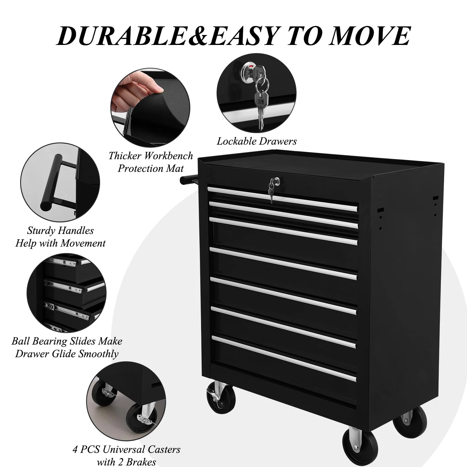 Pinypikaka 7 Drawer Rolling Tool Chest on Wheels, Lockable Tool Box, Removable Storage Case for Garage, Workshop and Craftsmen - Image 4