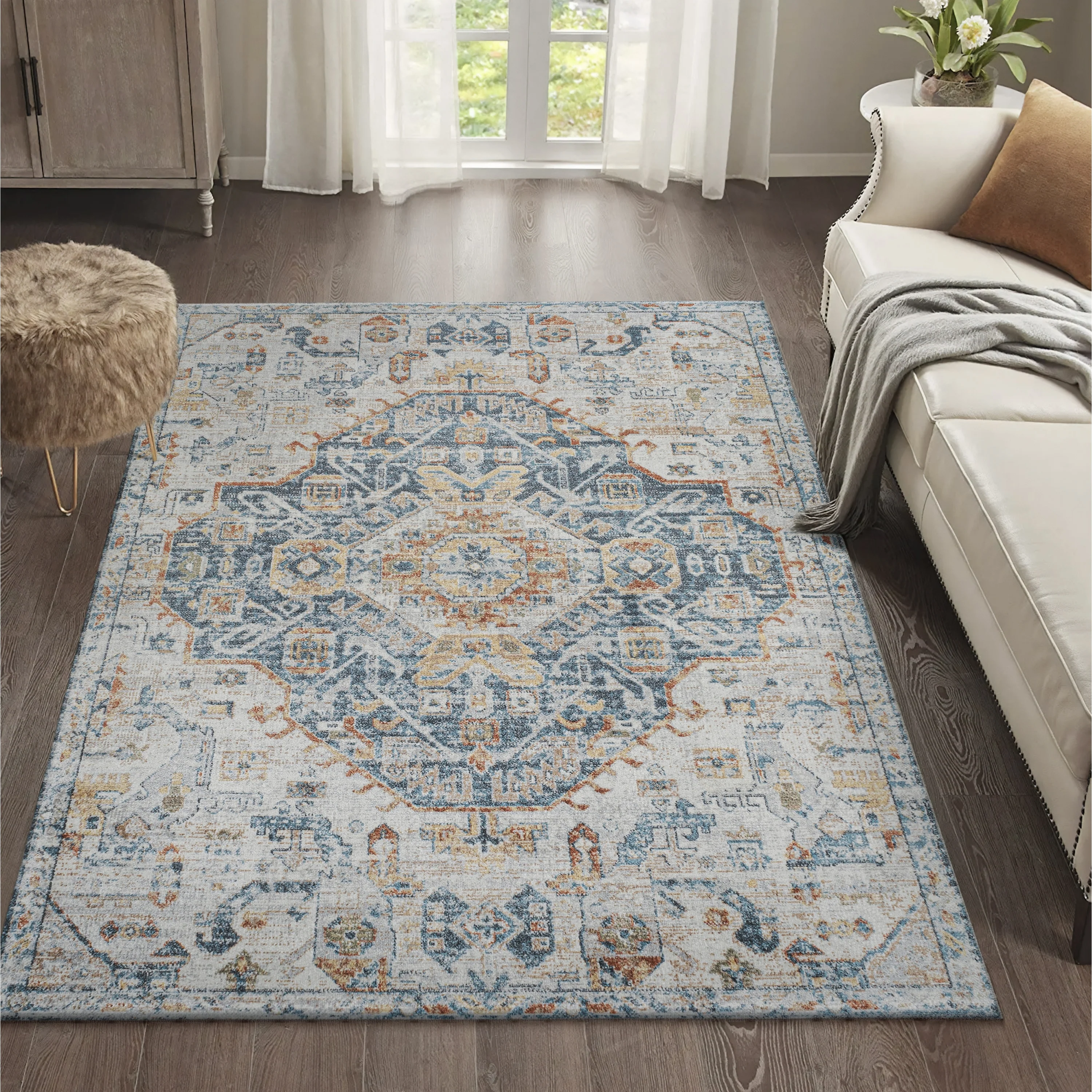 Bohemian Medallion Low-Pile Machine-Washable Area Rug, Cream and Terra - Image 9