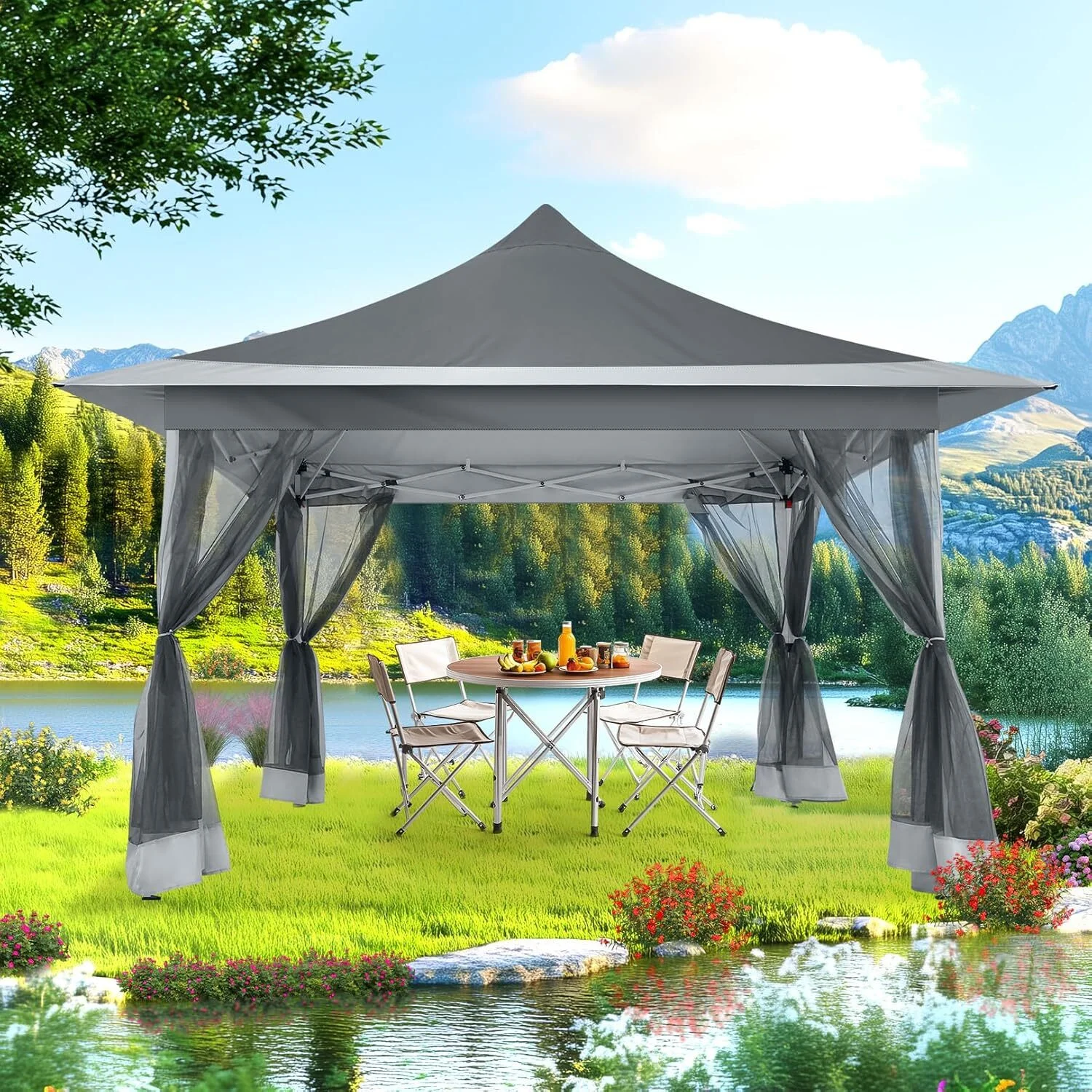 COBIZI 11x11 Pop up Gazebo Outdoor Canopy Gazebo Patio Gazebo with Mosquito Netting Canopy Shelter with 121 Square feet of Shade for Poolside, Garden, Party and Backyard, Khaki - Image 47