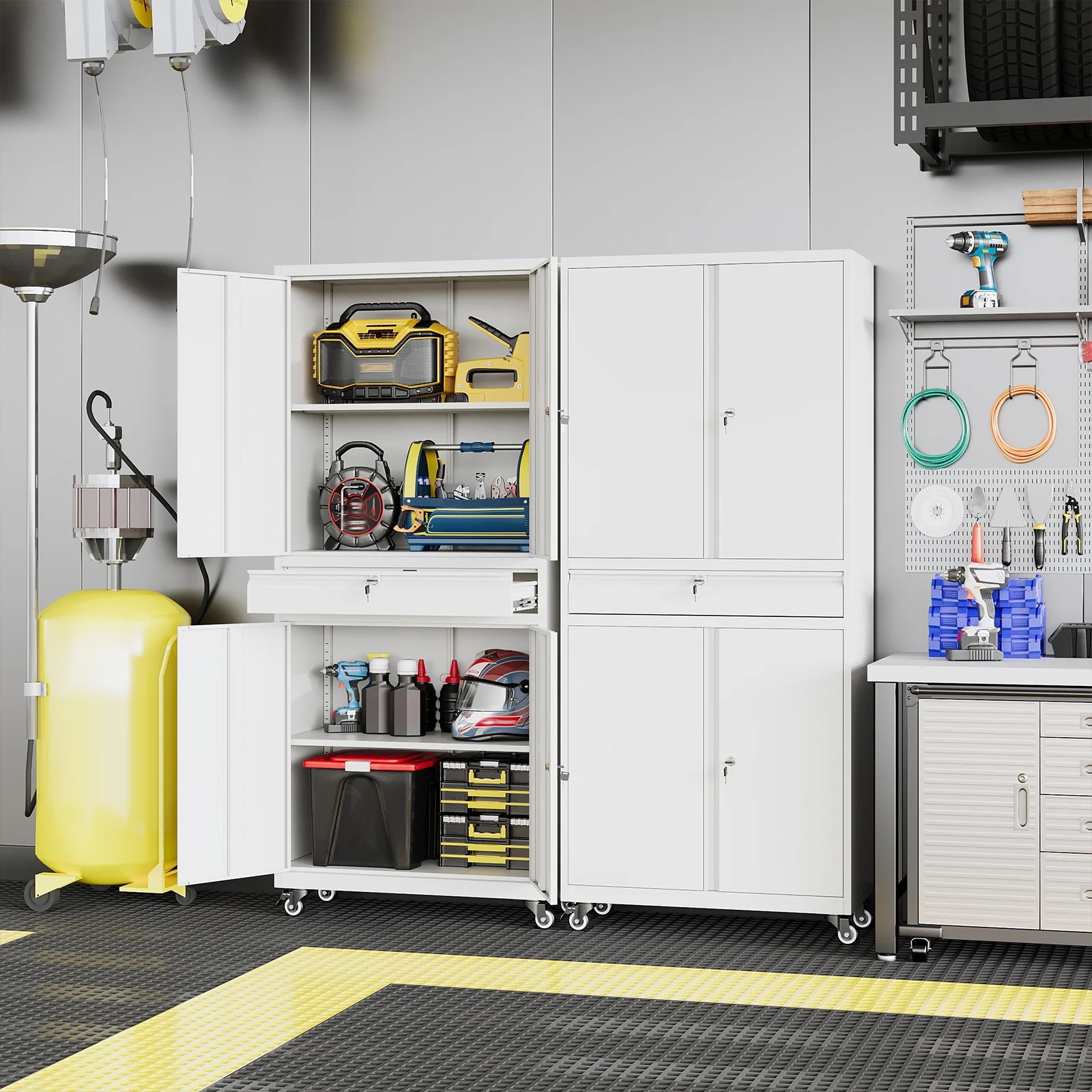 STANI Metal Garage Storage Cabinets with Drawer, 4 Doors Tool Storage Cabinet with 2 Adjustable Shelves, 73"H Rolling Steel Locking Cabinet for Garage Utility Room Home Office (Black, 4 Wheel) - Image 13
