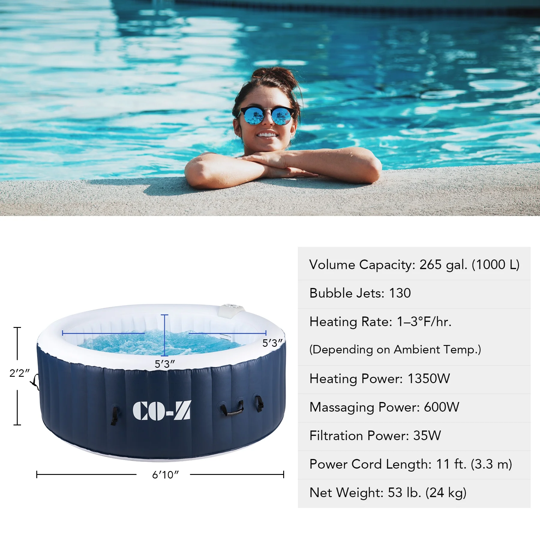CO-Z 5x5ft PVC Square Inflatable Spa Tub & 120 Massaging Jets for Patio & More for 4-person Blue - Image 20