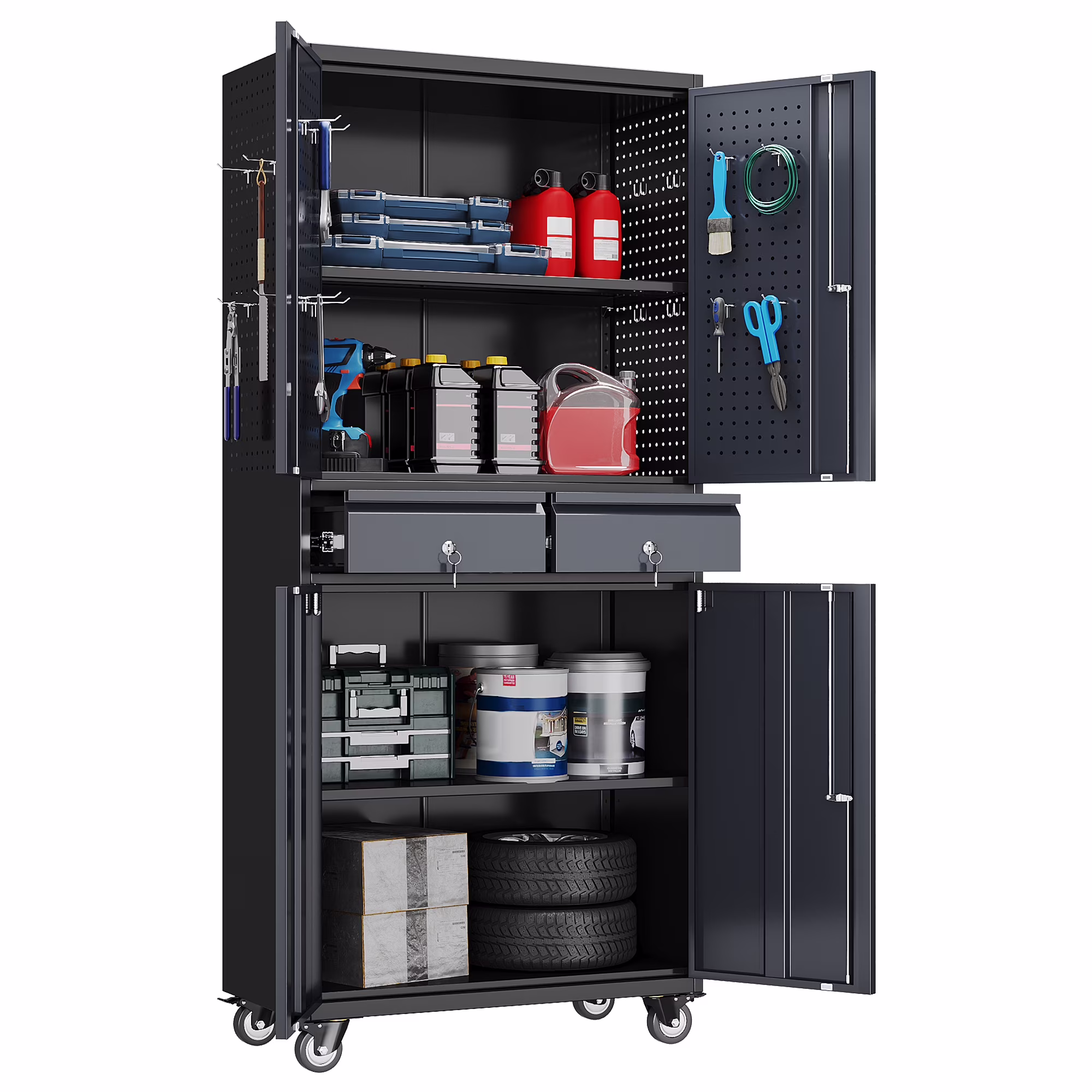 GangMei 71 Inches Tall Metal Garage Storage Cabinets with 5 Adjustable Shelves & Pegboards, Lockable Steel Black Storage Cabinet with Doors for Office, Home, School, Shops, Garage, Assembly required - Image 13
