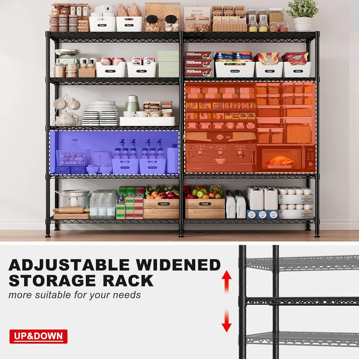 Legooin 72"H Extra-wide Metal Shelves 60"W Storage Rack for Pantry Office Garage Capacity 1500LBS Adjustable Corner Shelving Unit, Black - Image 5